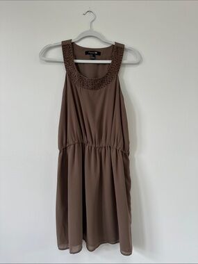 Forever 21 Brown Beaded-Neck Tie-Waist Mini Dress
